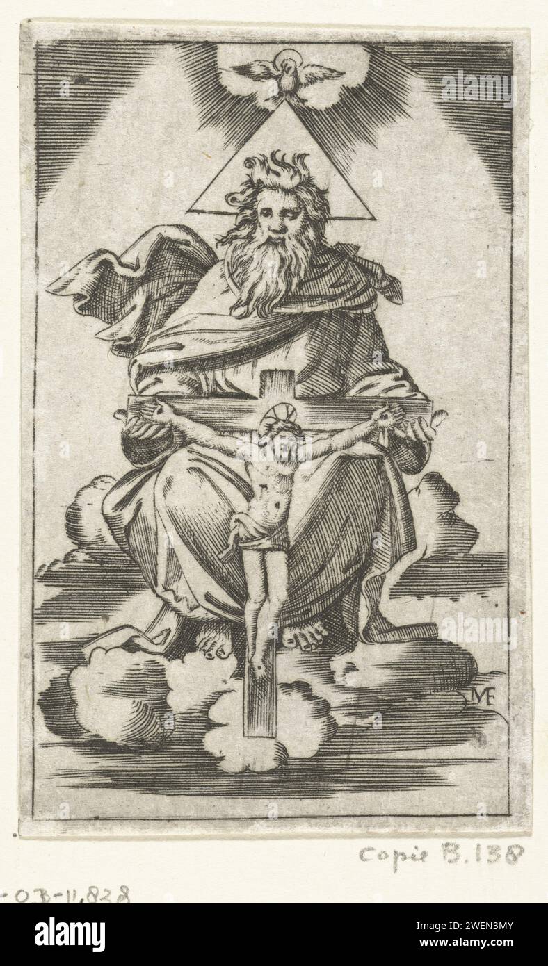 Holy Trinity, Anonymous, After Marcantonio Raimondi, 1500 - 1575 print   paper engraving God the Father holding the crucifix, 'Gnadenstuhl', Mercy-Seat, Throne of Grace Stock Photo