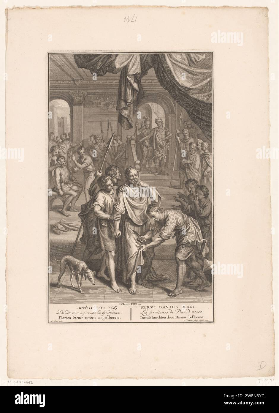 Davids servants at Hanun, Quiryn Fonbonne, After Gerard Hoet (I), 1720 - 1728 print   paper etching / engraving Hanun, king of the Ammonites, mistreats David's messengers: their beards are shaven off and their clothes are cut off Stock Photo
