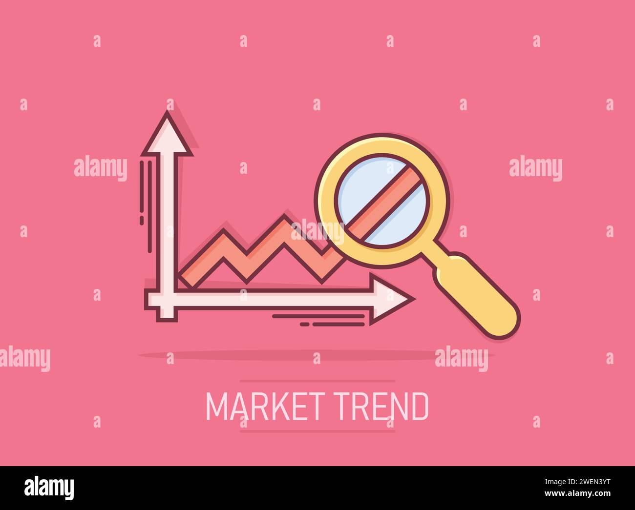 Market trend icon in comic style. Growth arrow with magnifier cartoon ...