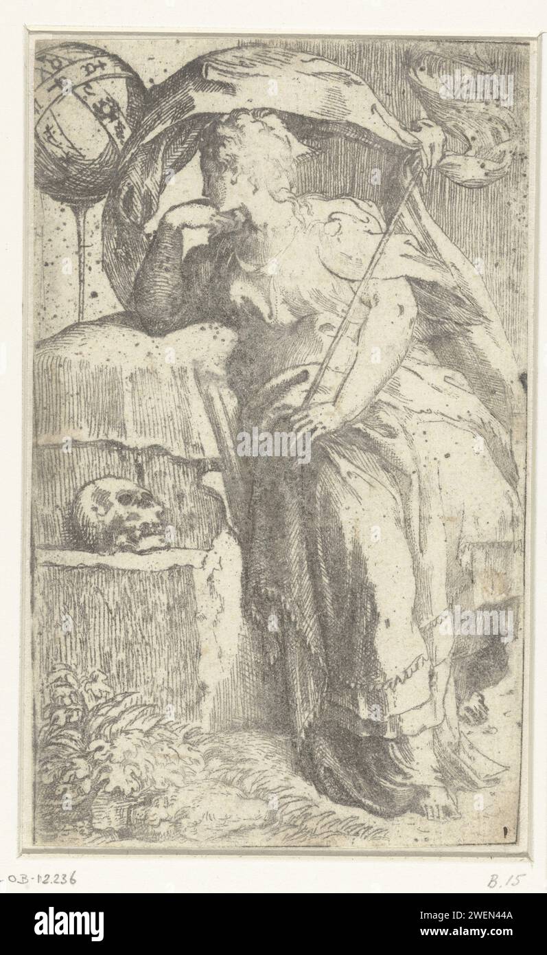Astrologies, Parmigianino, 1513 - 1540 print Personification of astrology. A woman sitting on a rock and tied a staff around it in her hand. Next to her a sphere with the constellations and a skull.  paper etching / drypoint 'Astrology' (Ripa) Stock Photo