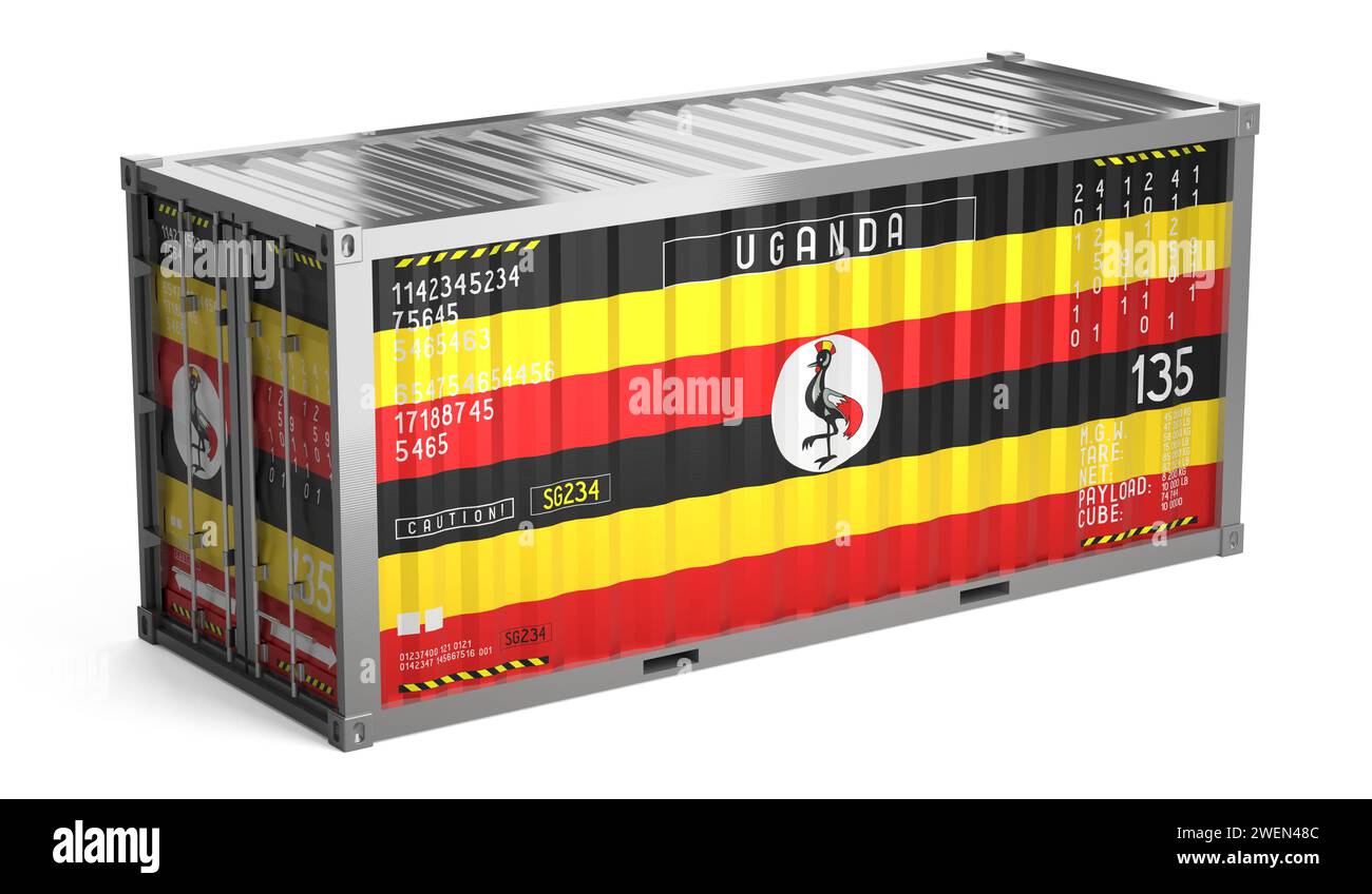 Ug Containers Freight shipping container with national flag of Uganda on white ...