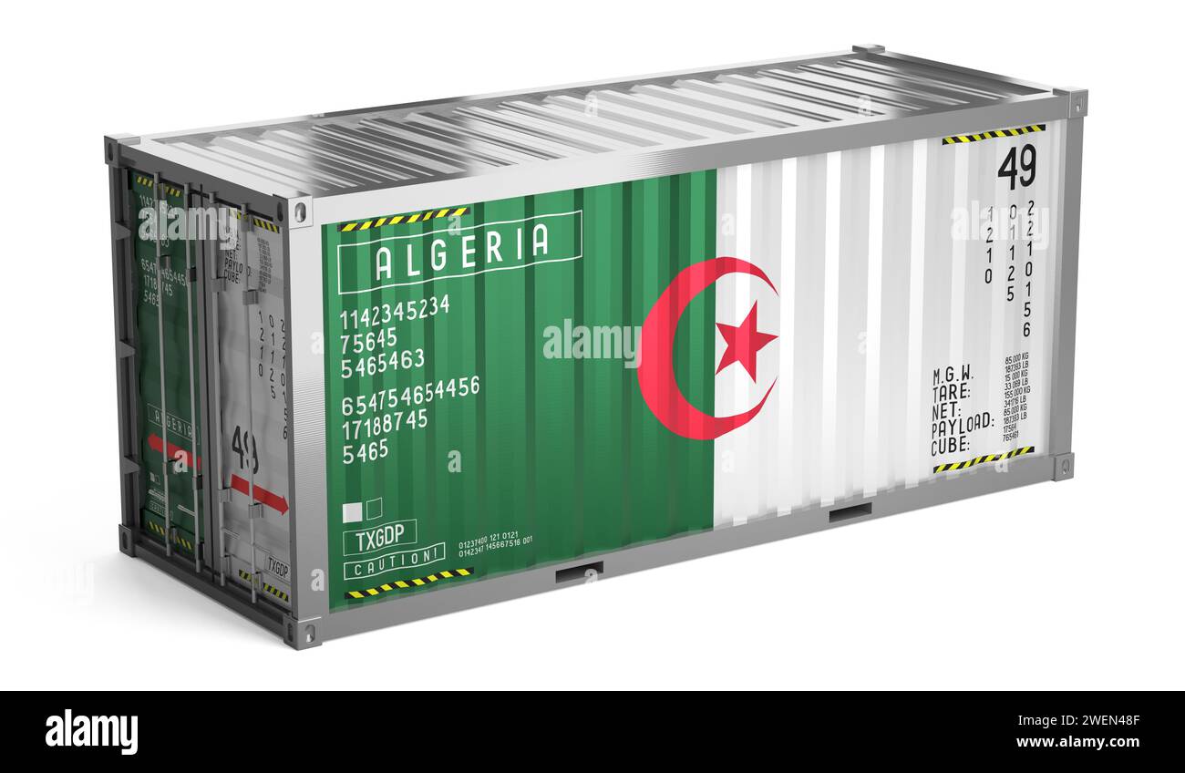 Freight shipping container with national flag of Algeria on white ...