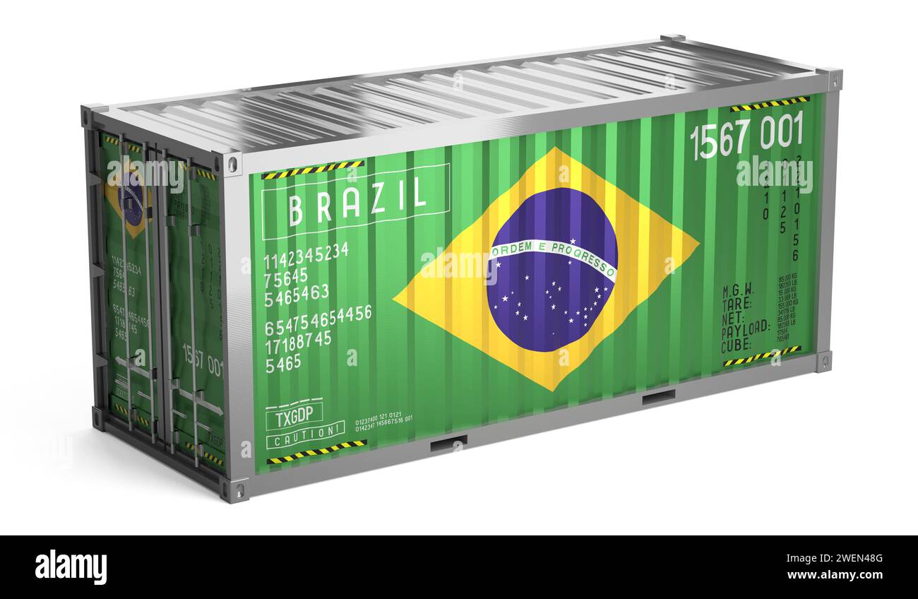 Freight shipping container with national flag of Brazil on white ...