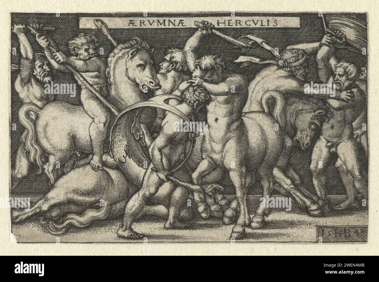 Hercules in fight with Centaurs, Hans Sebald Beham, 1542 print paper