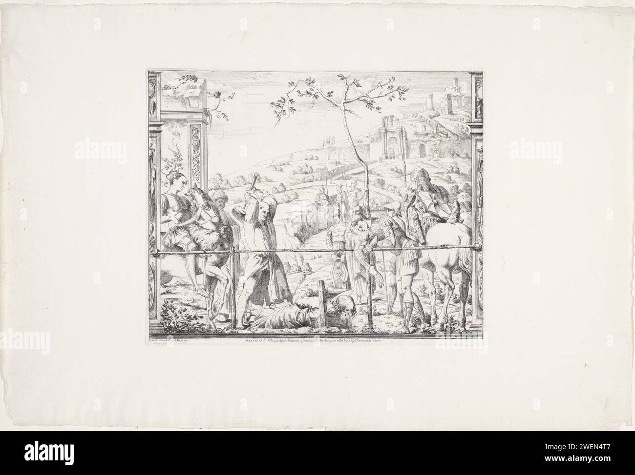 Martyrdom of Saint Jakobus, Giovanni David, after Andrea Mantegna, 1776 print The Apostle James is lying with his head under the block. A soldier raises his hammer to behead him. Soldiers watch. Italian landscape in the background.  paper etching beheading of James Stock Photo