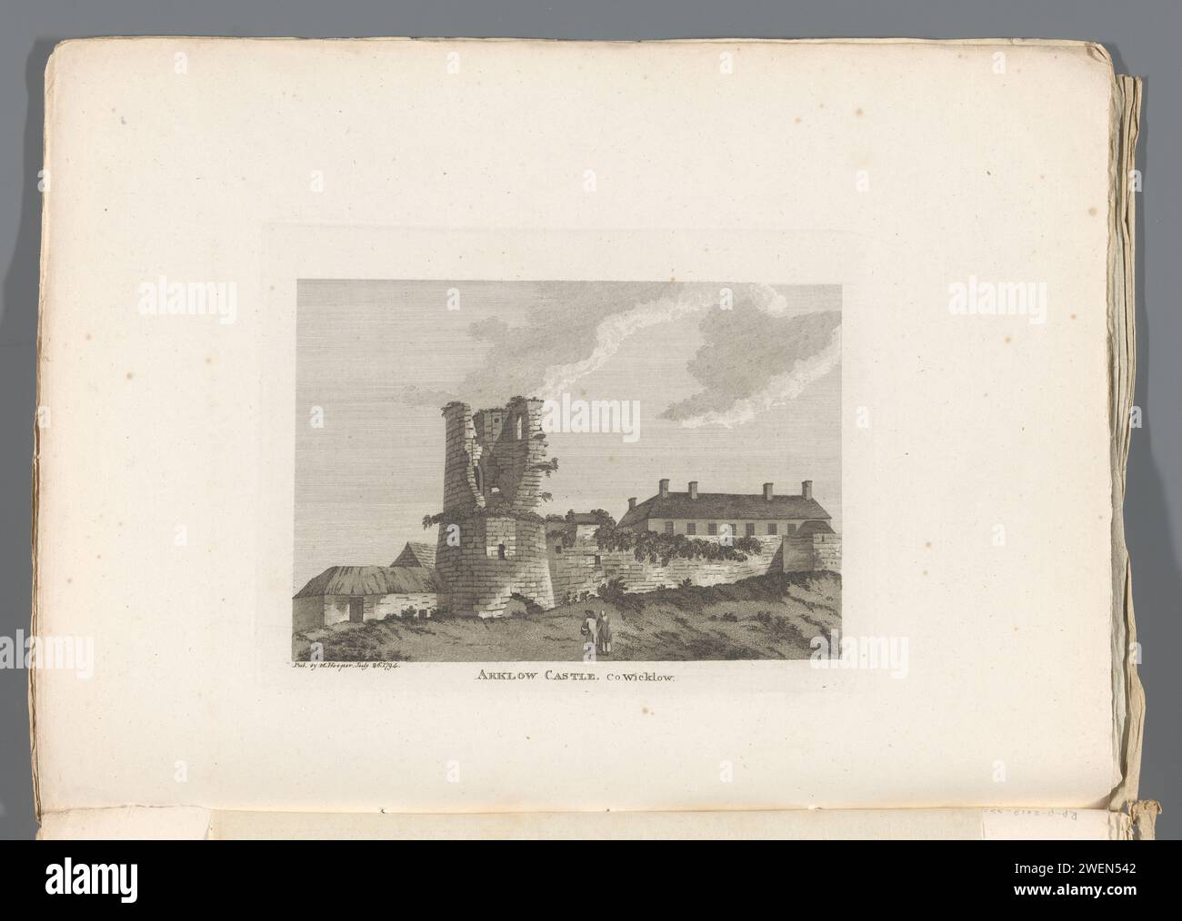View of the ruin of Arklow Castle, Anonymous, 1794 print This print is part of a book.  paper etching landscape with tower or castle. landscape with ruins Ireland Stock Photo
