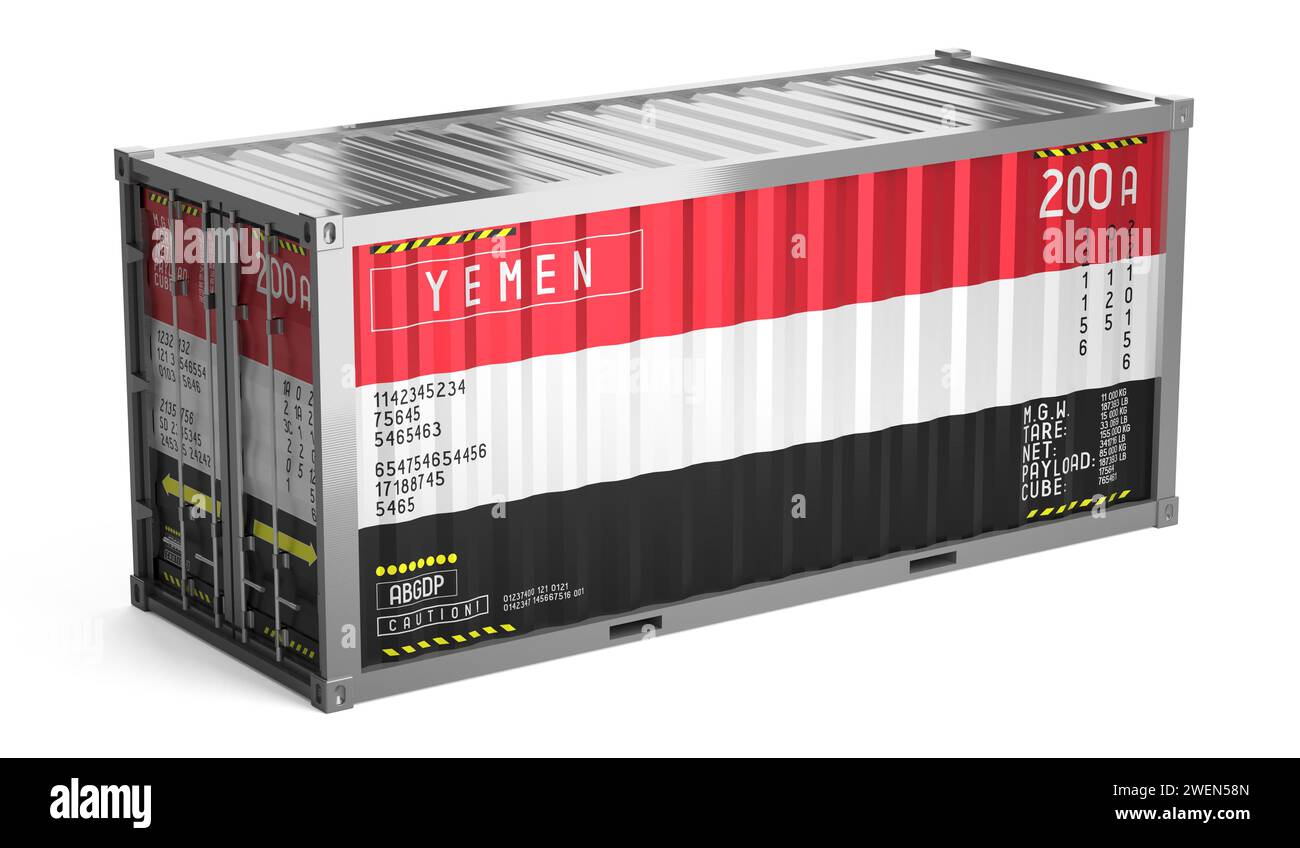 Freight shipping container with national flag of Yemen on white