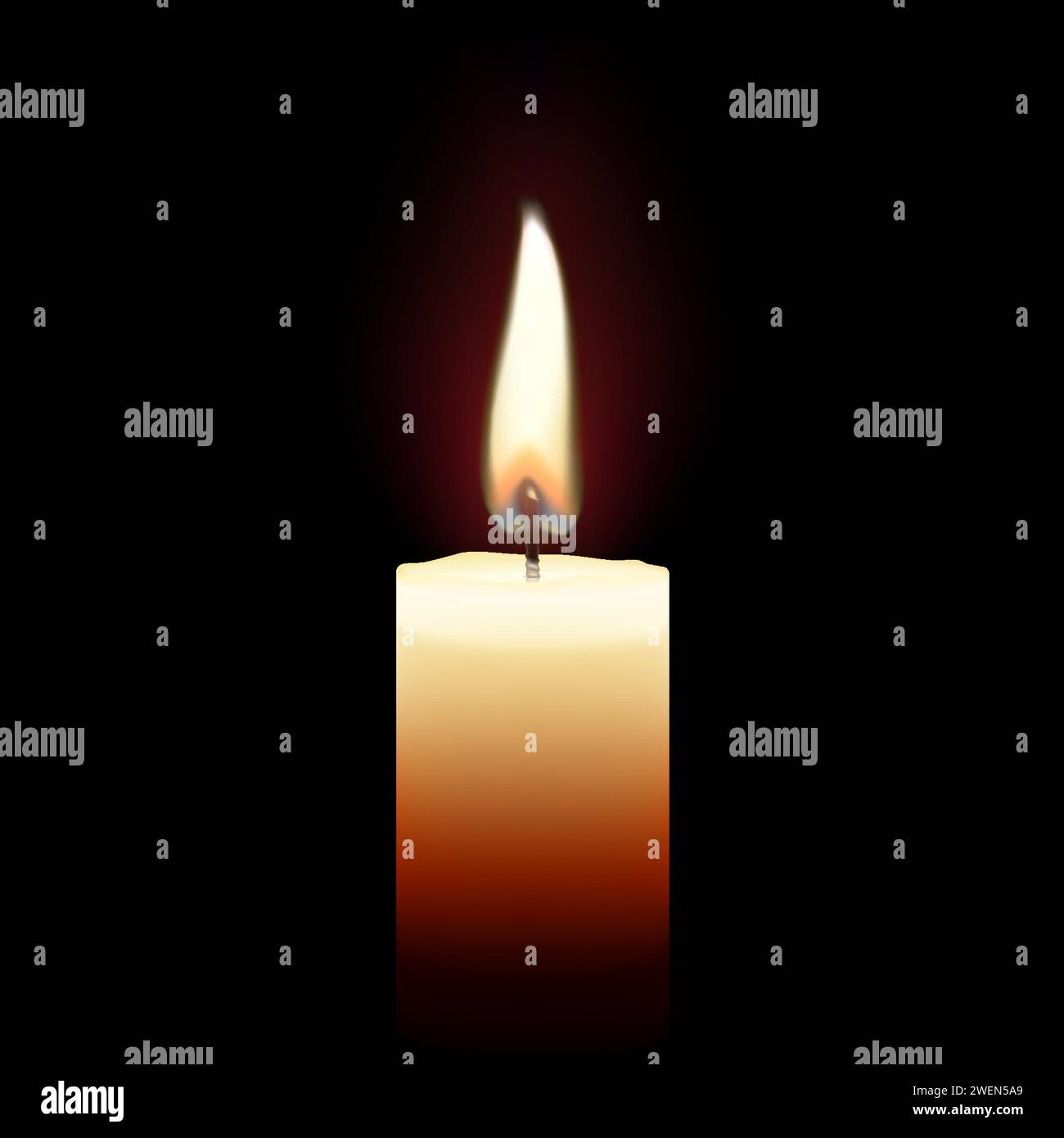 Burning wax candle. Yellow candle with golden flame. Lit and melted wax