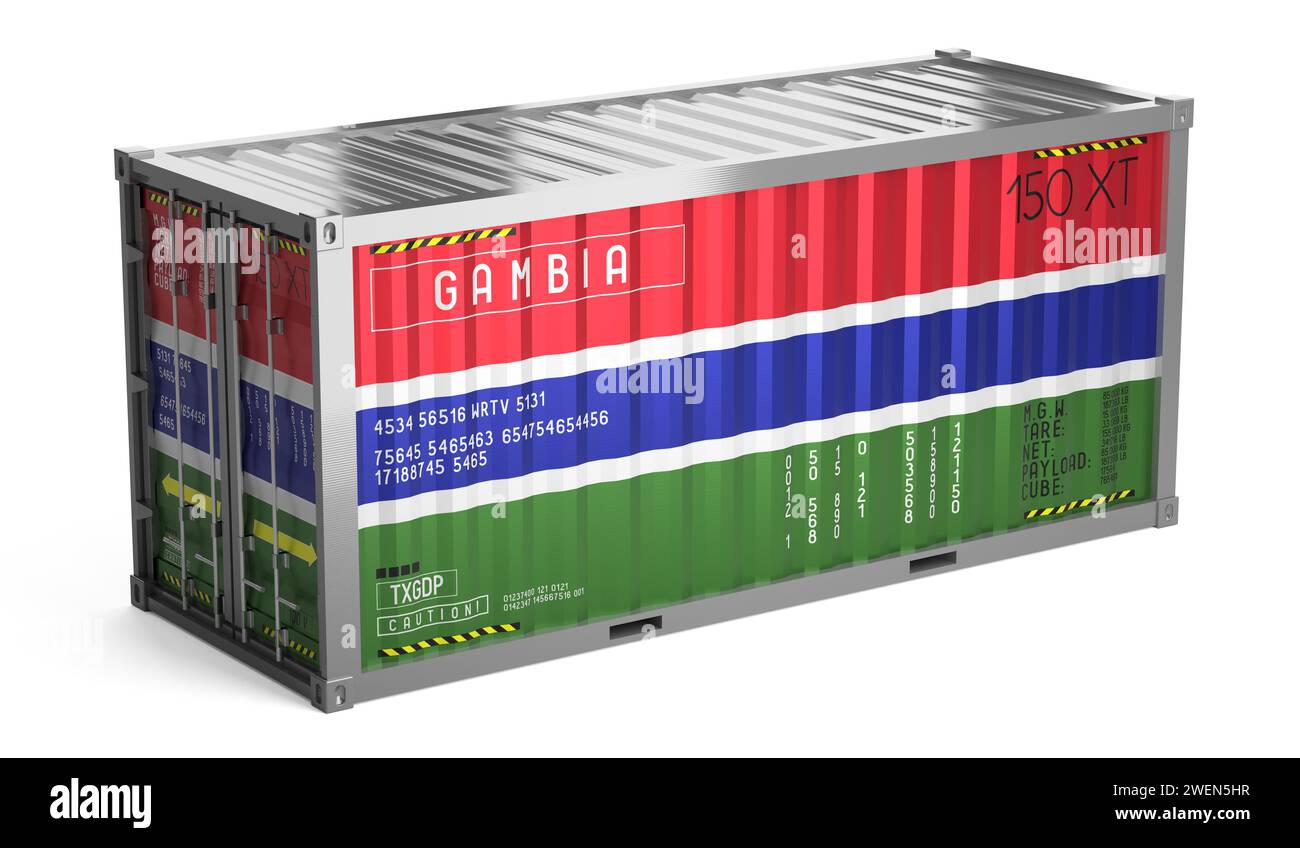 Freight shipping container with national flag of Gambia on white