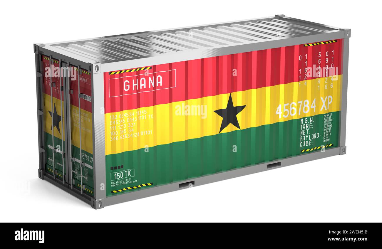 Freight shipping container with national flag of Ghana on white