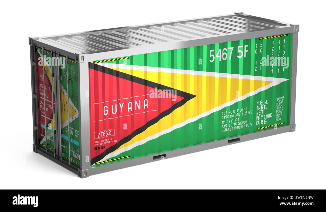 Freight shipping container with national flag of Guyana on white