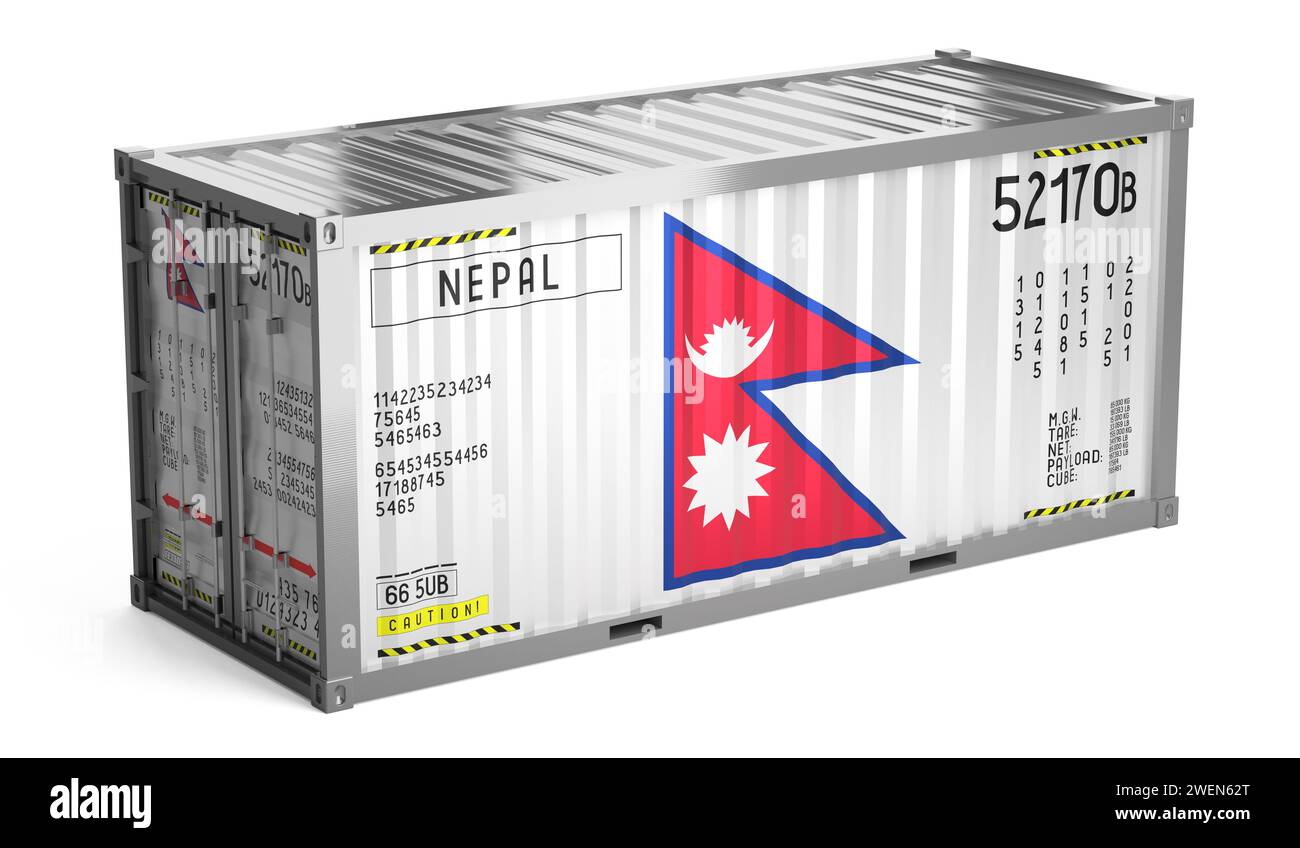 Freight shipping container with national flag of Nepal on white