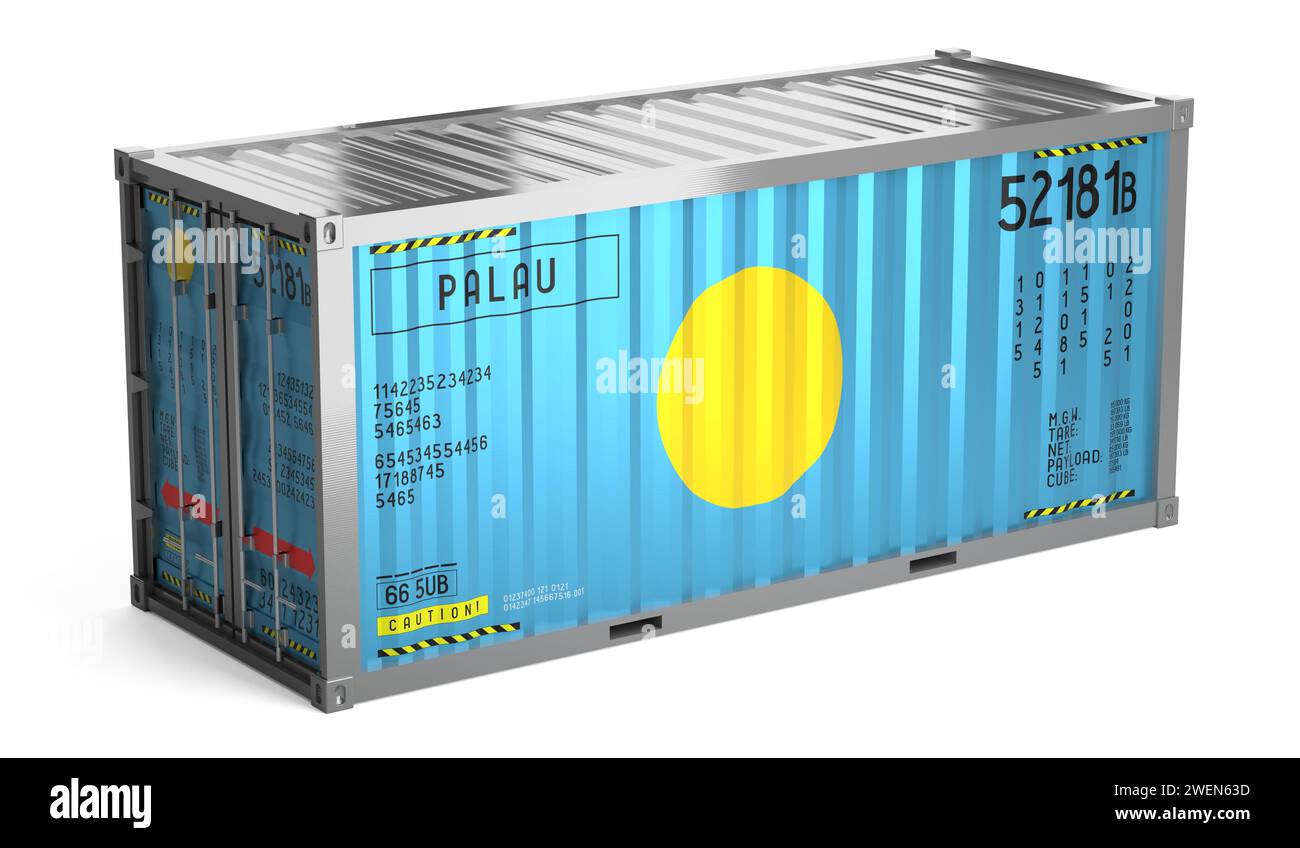 Freight shipping container with national flag of Palau on white