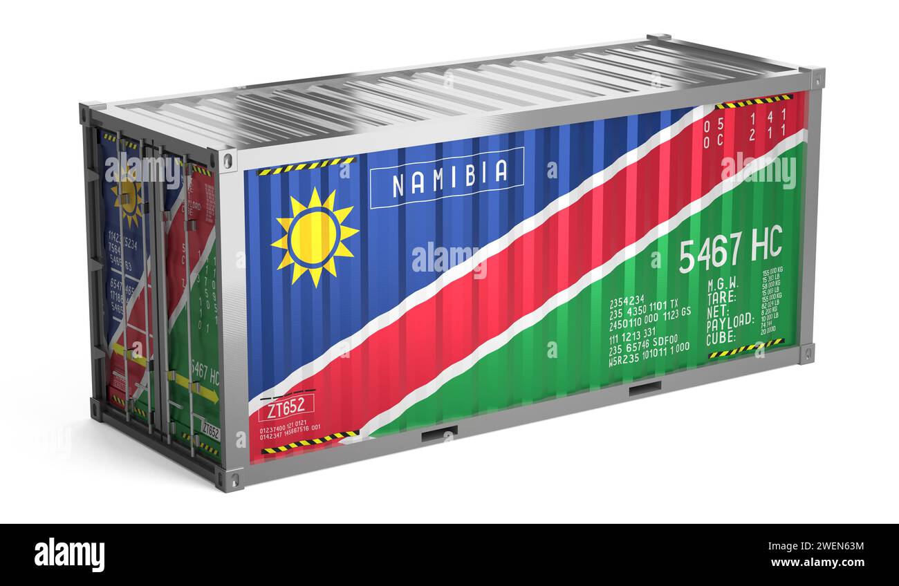 Freight shipping container with national flag of Namibia on white ...