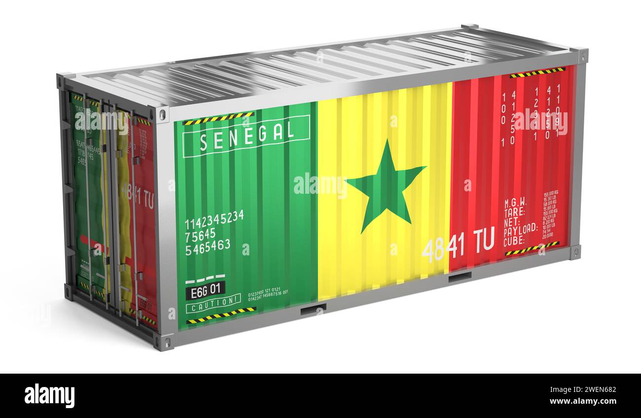 Freight shipping container with national flag of Senegal on white