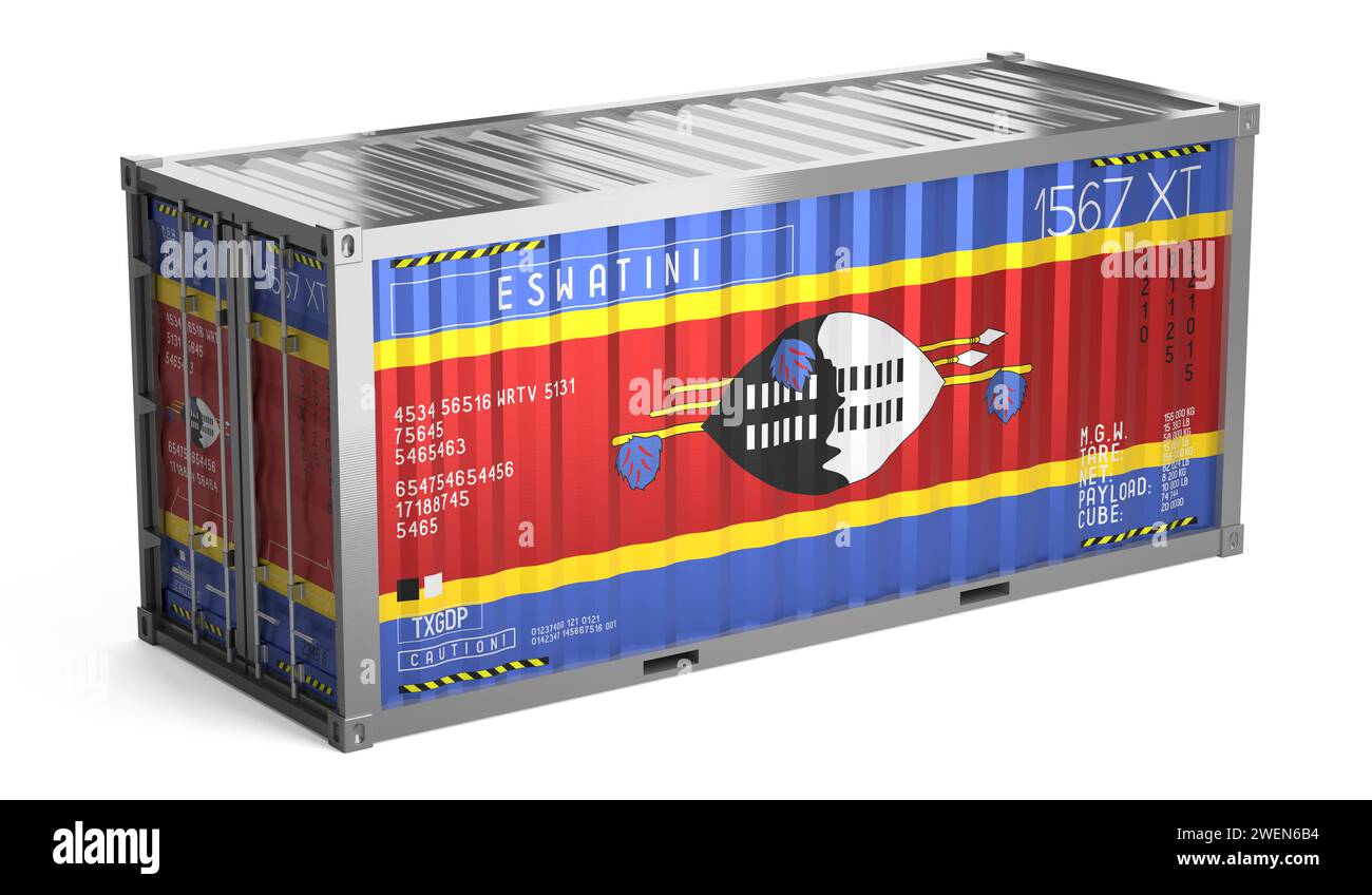 Freight shipping container with national flag of Eswatini on white