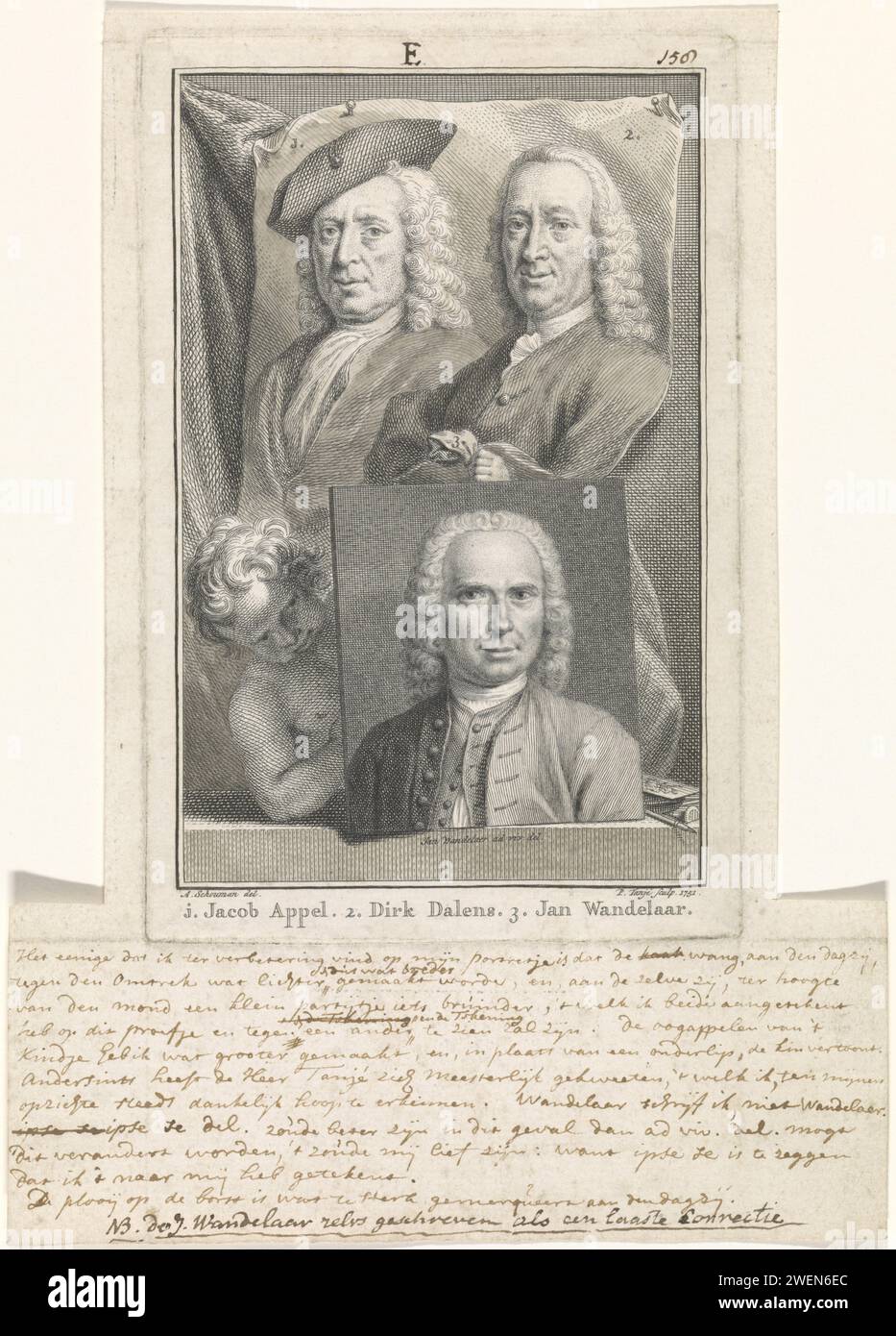 Portraits of Jacob Appel, Dirk Dalens and Jan Wandelaar, Pieter Tanjé, After Aert Schouman, after Jan Wandelaar, 1751 print The portraits of artists Jacob Appel and of Dirk Dalens are depicted on a piece of paper that is stung against the wall. The drawing of print maker and draftsman Jan Wandelaar is held by a putto. The portraits are numbered and the numbers correspond with the names underneath. In the middle above: E.  paper etching / engraving portrait, self-portrait of artist. cupids: 'amores', 'amoretti', 'putti' Stock Photo