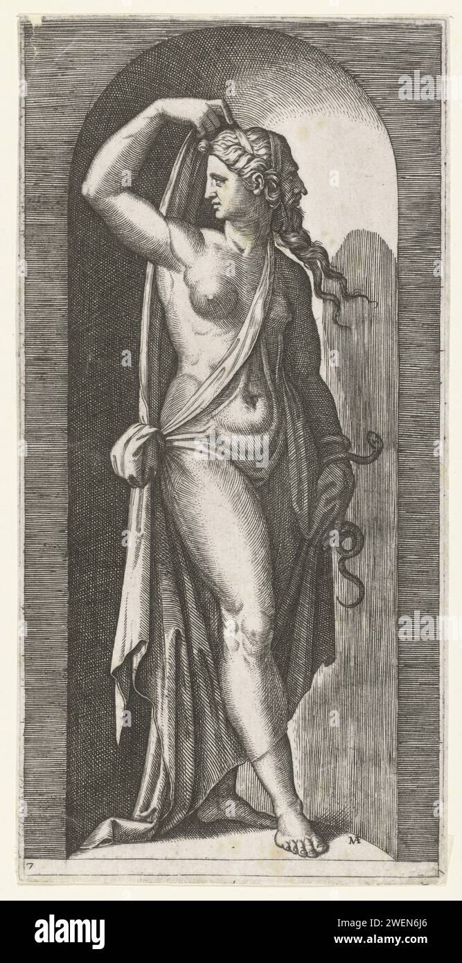 Woman as personification of caution (prudentia) with snake and mask, Marcantonio Raimondi, After Rafaël, 1510 - 1527 print   paper engraving Prudence, 'Prudentia'; 'Prudenza' (Ripa)  one of the Four Cardinal Virtues Stock Photo