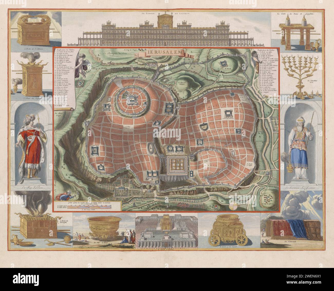 View of the Temple Mount of Jerusalem from the east, 1652 - 1708 print Map of the Temple Mount of Jerusalem from the east. In the edge different representations of the different temples and the temple utensils. Clockwise, in the middle of the Temple of Solomon, the table in front of the showcases, the Zeven -armed candlestick, in a niche a statue of high priest Aaron, the tabernacle, a golden flushing basin, the temple of Ezekiel, the pelvis called the sea, the altar , in a niche an image of King Solomon, the smell offering block and the ark of the covenant.  paper engraving Ark of the Covenan Stock Photo