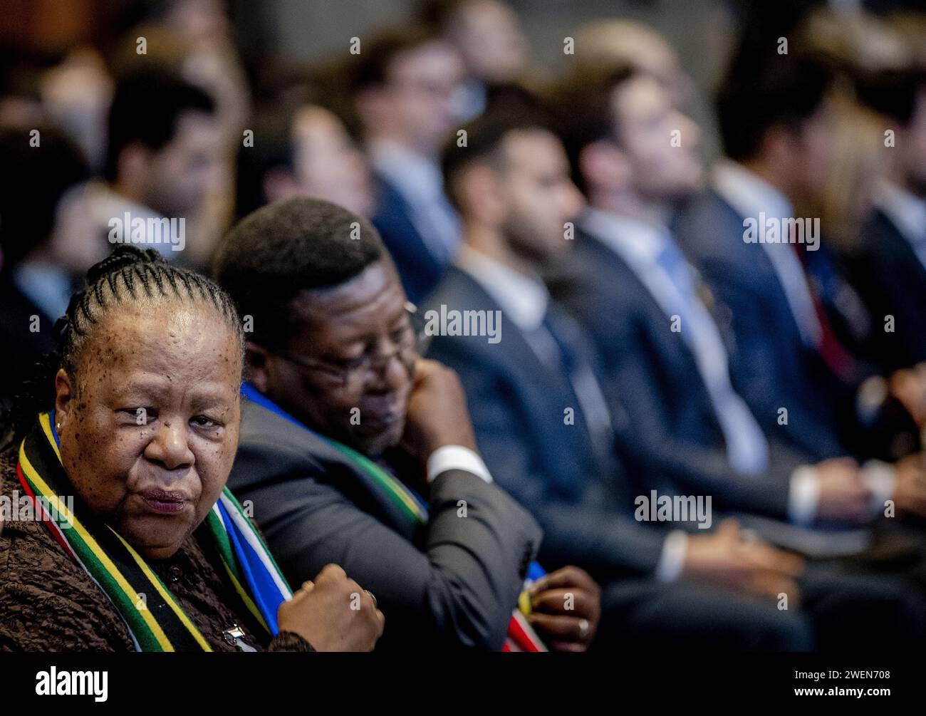 THE HAGUE - South African Foreign Minister Naledi Pandor during a ruling by the International Court of Justice (ICJ) on a request from South Africa for emergency measures for Gaza. Earlier this month, the court heard the genocide case against Israel, brought by South Africa. The entire case can take years to complete. ANP REMKO DE WAAL netherlands out - belgium out Stock Photo