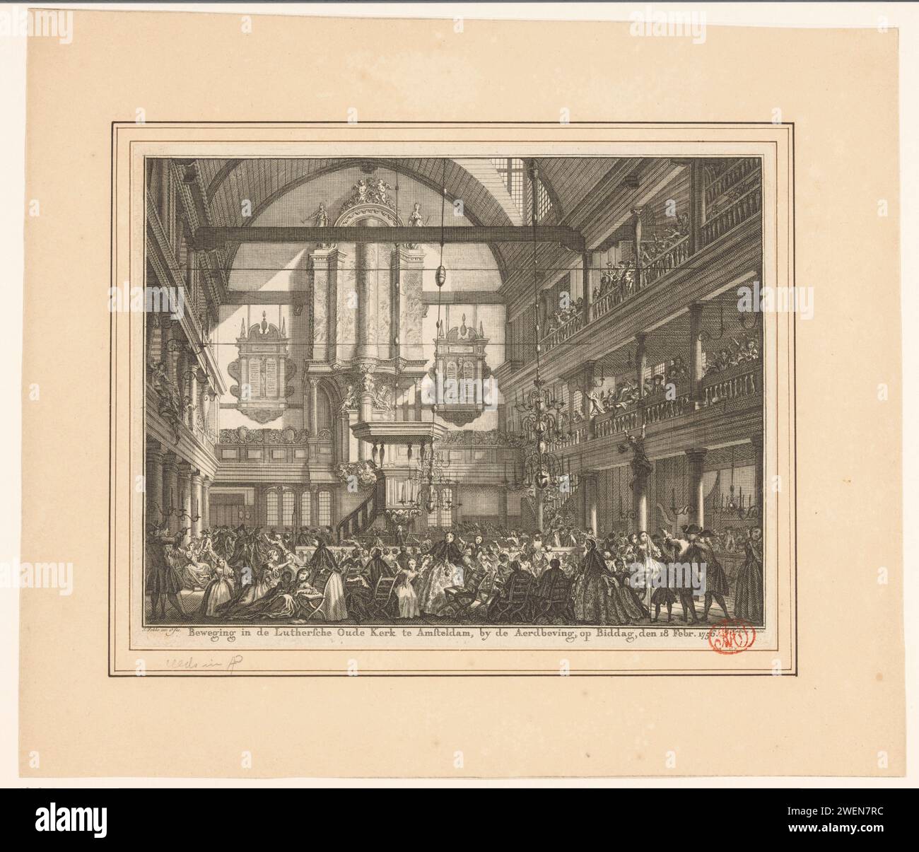Surface in the old Lutheran church in Amsterdam during the earthquake on February 18, 1756, Simon Fokke, 1756 - 1757 print Interior of the old Lutheran Church in Amsterdam in which the present churchgoers panic by an earthquake, February 18, 1756.  paper etching / engraving interior of church. earthquake. Protestant Churches and denominations (LUTHERANS) Old Lutheran Church Stock Photo