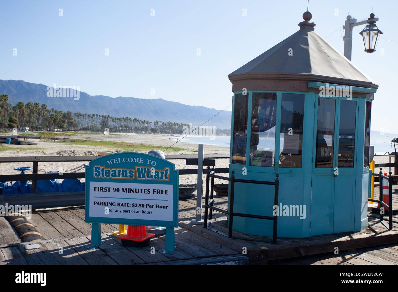 Green painted entrance booth for cars along Santa Barbara Pier in California, also known as Stearns Wharf. Stock Photo