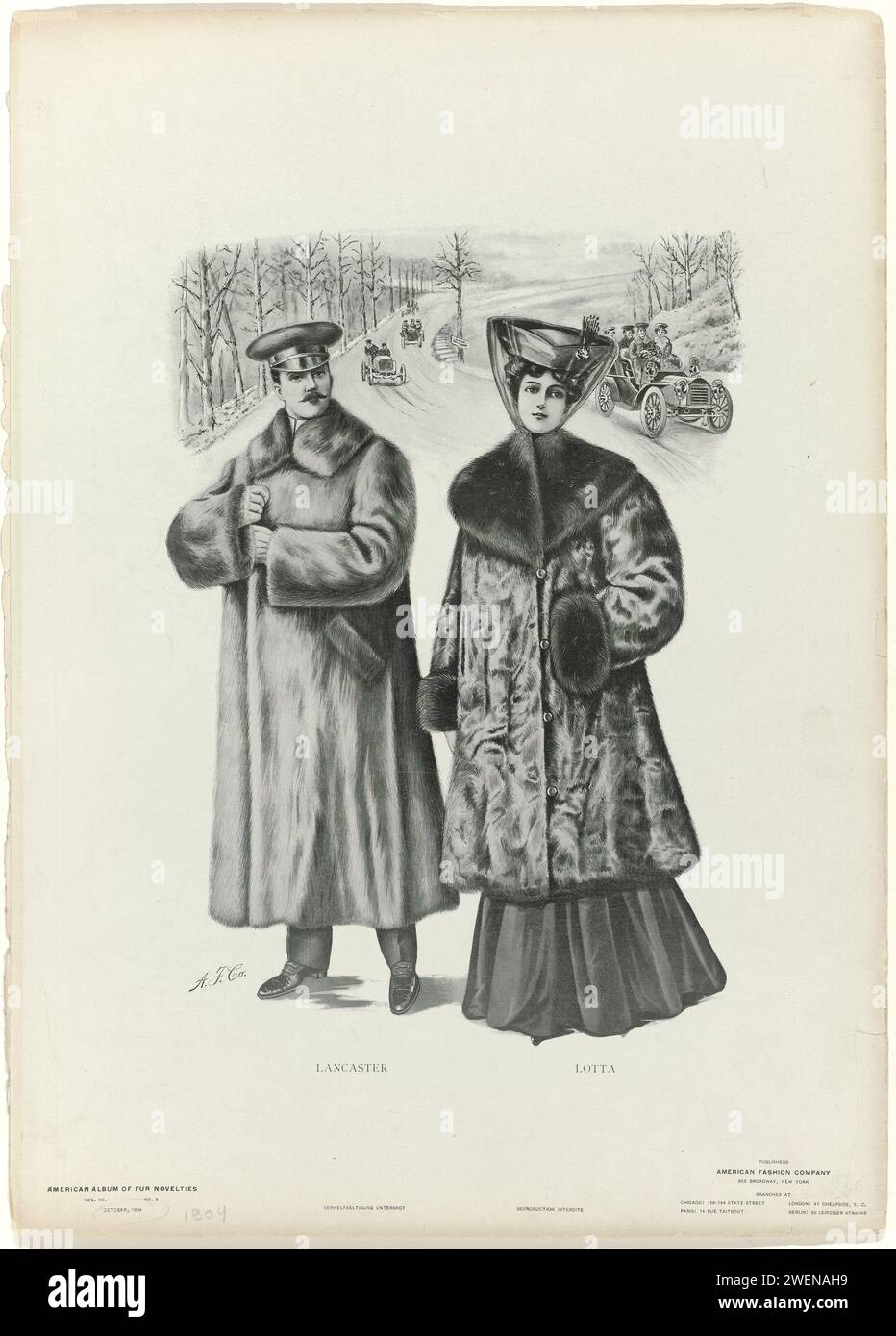 American album of fur novelties, October 1904, Vol. XII, No. 8 : Lancaster, Lotta, 1904  A man in a fur with a flat collar, transshipment and hand bag. A cap on the head. Flat shoes with heels and lacing. Next to him, a woman walks in a fur, with a wide collar and cuffs of other types of fur. Closure in the middle by four knots. On the head a hat with Aigrette and Voile. A road with a few cars in the background.  paper  fashion plates. automobile. road, path. head-gear: hat (+ men's clothes). coat (+ fur used for clothes). coat (+ women's clothes). coat (+ men's clothes). head-gear: hat (+ wom Stock Photo