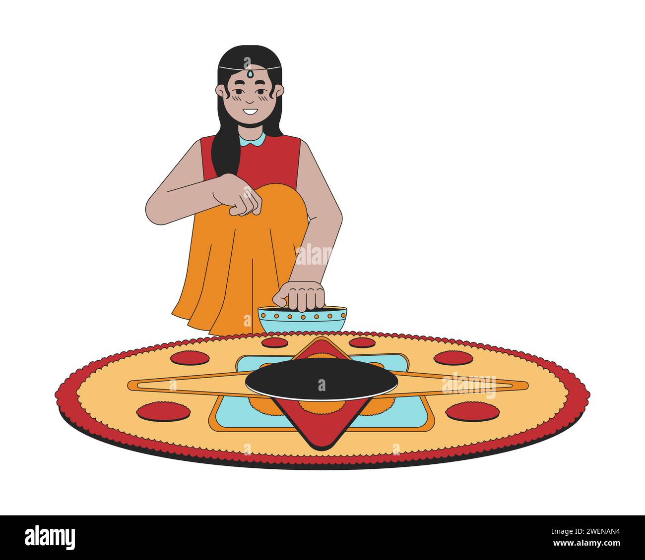 Smiling indian young girl making kolam 2D linear cartoon character