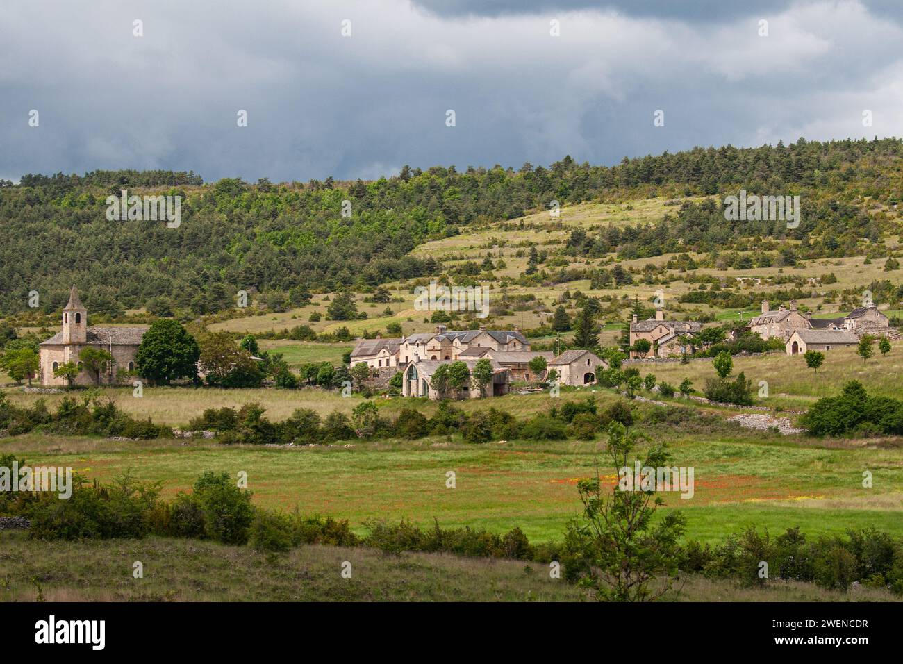 A village on Causse Méjean, Lozère department, Occitanie region, France Stock Photo