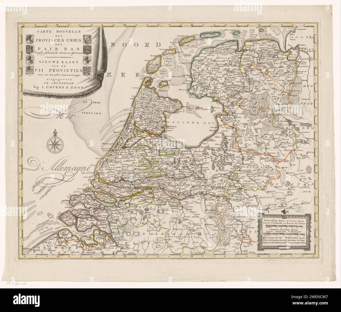 Map of the Republic of the Seven - Map Of The Republic Of The Seven United Netherlands 1787 1792 Print At The Top Left Cartouche With French And Dutch Title And The Weapons Of The Republic And The Seven Provinces At The Bottom Right Cartouche With Legend And Scale Hollandsche Mylen Or Uuren Going Lieues Dolande Ou Heures De Chemin Common German Mylen Lieues Communes Daltemagne Degree Distribution Along The Edges Paper Engraving Etching Maps Of Separate Countries Or Regions Coat Of Arms As Symbol Of The State Etc Netherlands 2WENCW7 