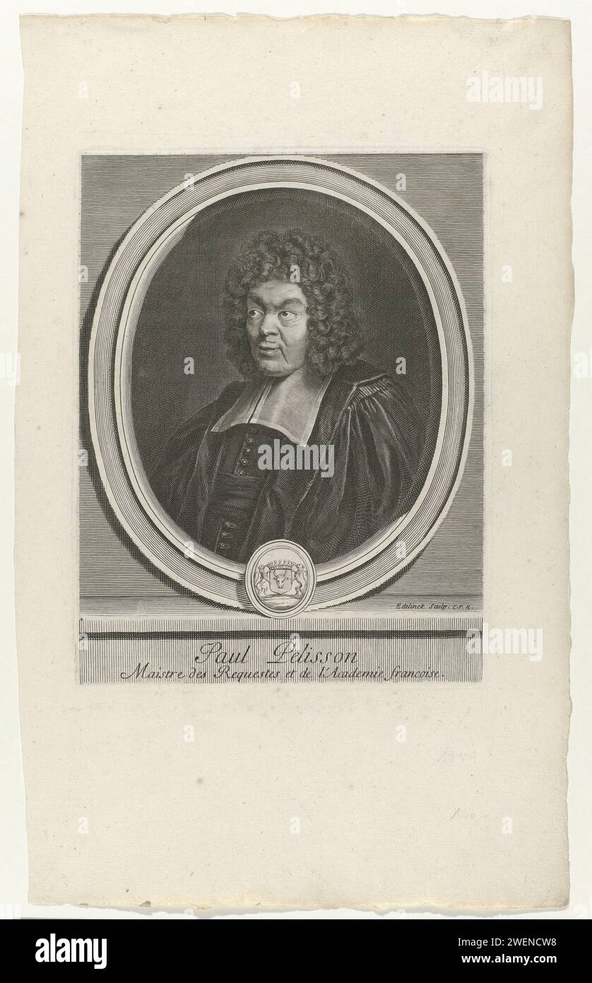 Portret Paul Pelisson, Gerard Edelinck, c. 1660 - c. 1700 print Portrait of the French author Paul Pelisson (1624-1693), depicted in ovale accompaniment with weapon.  paper engraving Stock Photo