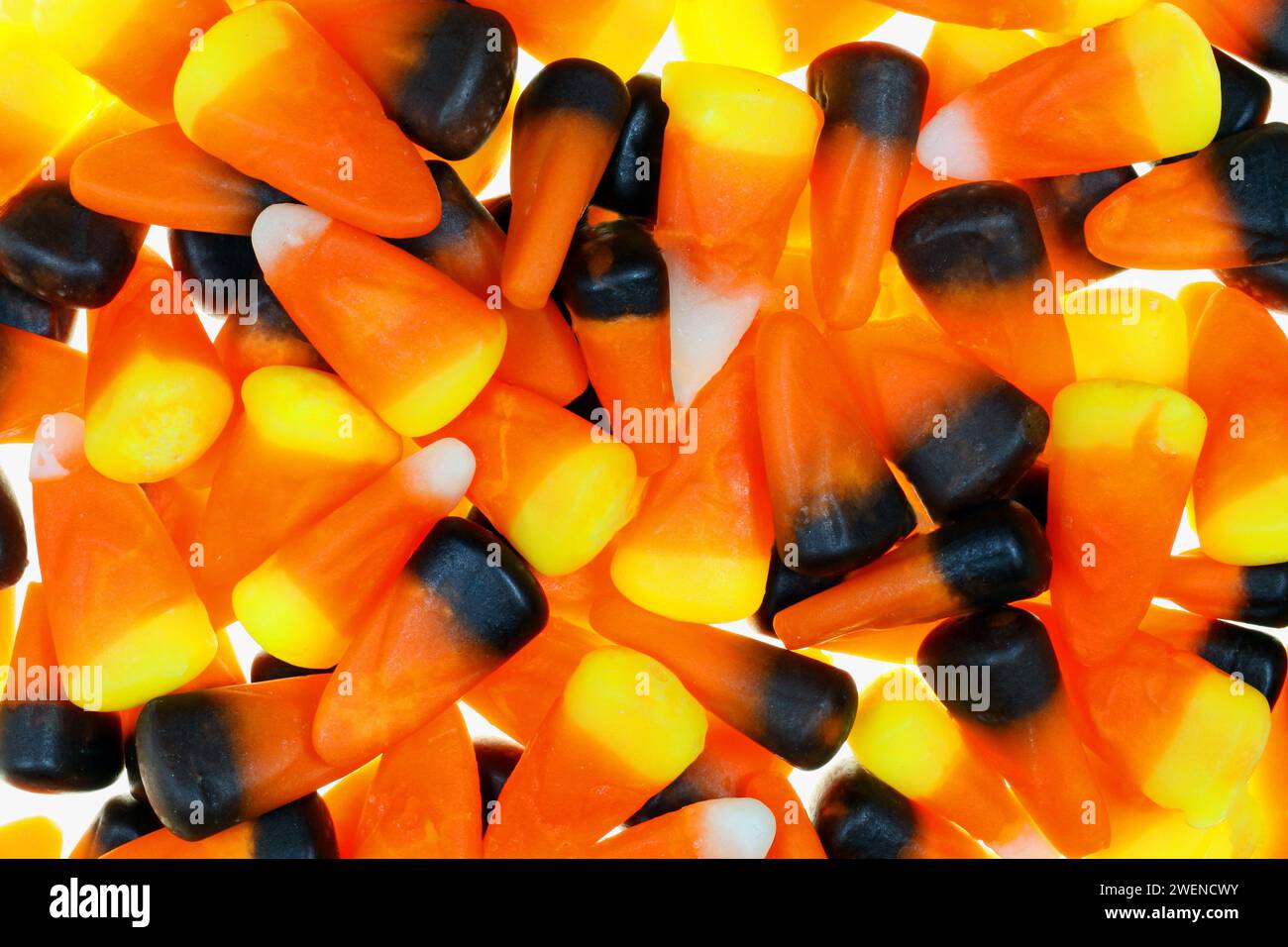 Candy Corn background close up image, orange, brown, white, yellow, back lighted, glowing. Stock Photo