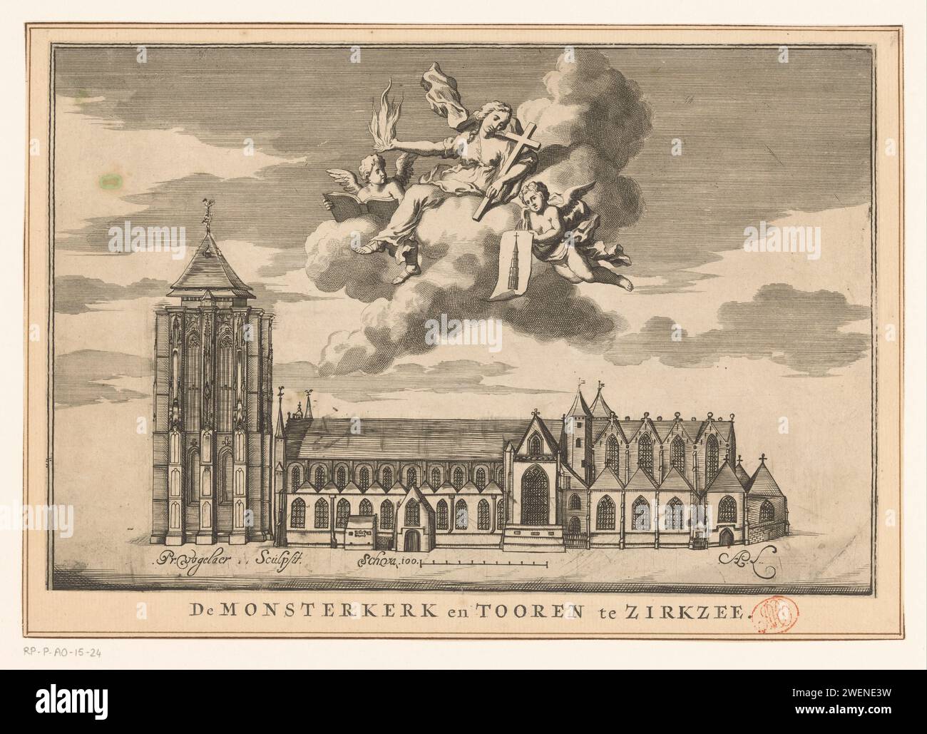 View of the Sint -Liefen Monster Tower and Church in Zierikzee, Pieter Vogelaer, in Or Before 1696 print View of the Sint -Liefen Monster tower and church in Zierikzee. In the sky, between the clouds, an allegorical female figure with a flame on her hand and a crucifix, flanked by two angels, with a drawing of a tower and a book.  paper. ink engraving / etching / pen church (exterior) Sint-Lievensmonsterkerk. Sint-Lievens Monster Tower Stock Photo