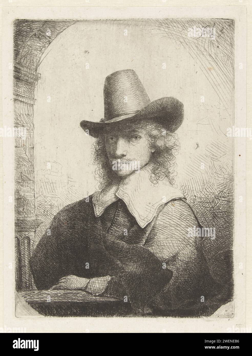 Portrait of a man with a top hat, Ferdinand Bol, 1643 - 1657 print   paper etching / drypoint Stock Photo