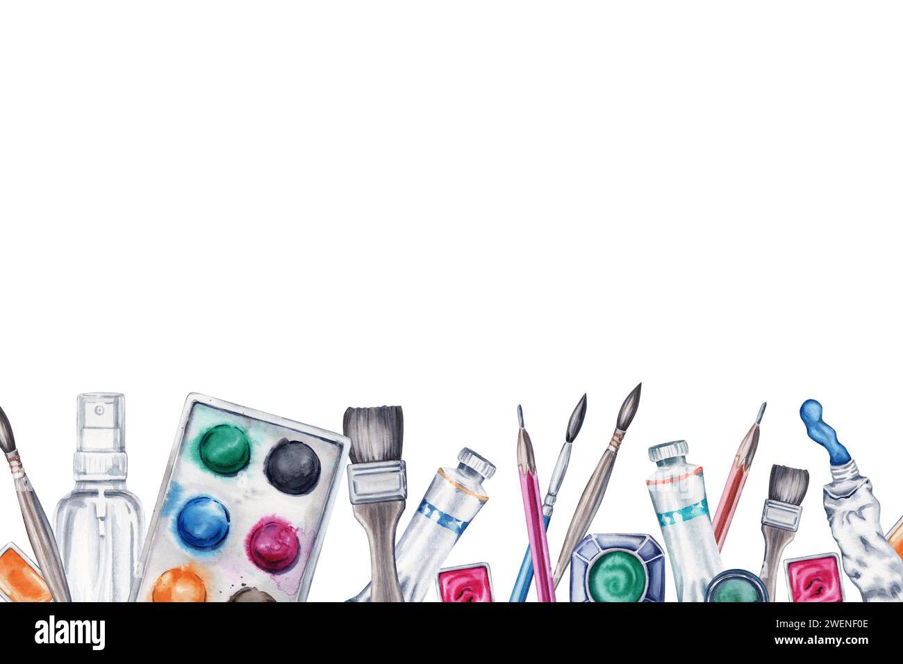 Art supplies banner with brushes, paints, paint tubes, pencil, palette, water spray. Watercolor Illustration isolated on white background. Hand drawn Stock Photo