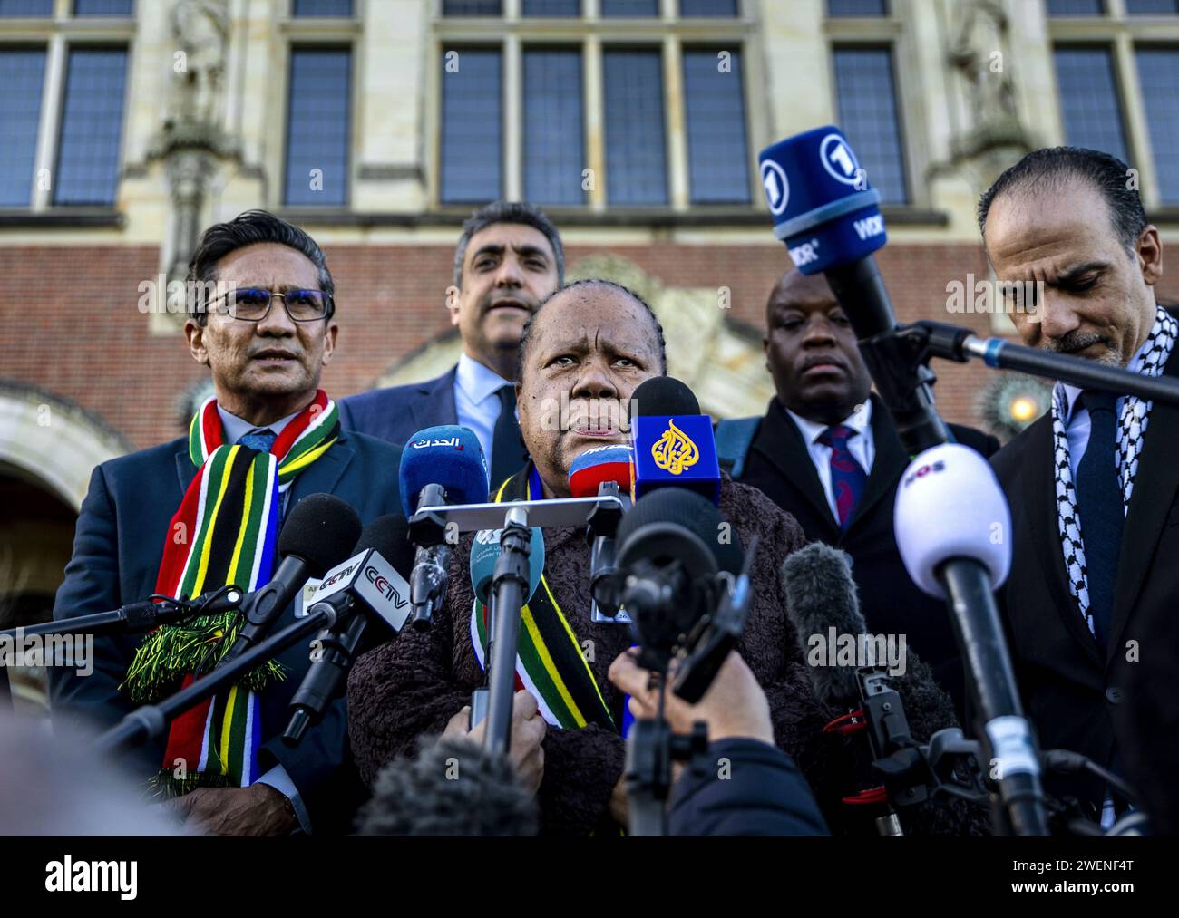 THE HAGUE - South African Foreign Minister Naledi Pandor speaks to the international press following a ruling by the International Court of Justice (ICJ) on a request from South Africa for emergency measures for Gaza. Earlier this month, the court heard the genocide case against Israel, brought by South Africa. The entire case can take years to complete. ANP REMKO DE WAAL netherlands out - belgium out Stock Photo