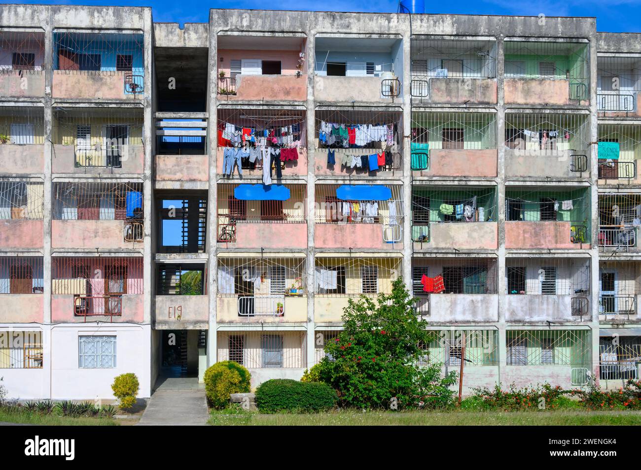 apartment building balconies in jose marti district, santa clara, cuba Stock Photo