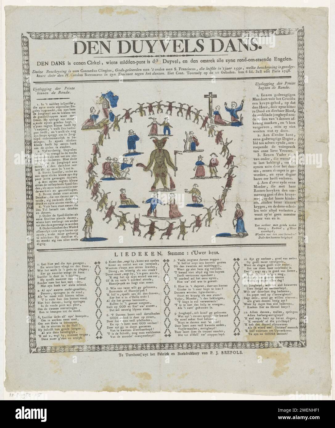 Den Duyvels in, 1800 - 1833 print A circle of dancing devils with dancing and musician farmers and a large devil. People pray around the circle. The show is surrounded by text in book print. Completely surrounded by a decorative frame.  paper letterpress printing devil(s) and demons. group dancing Stock Photo