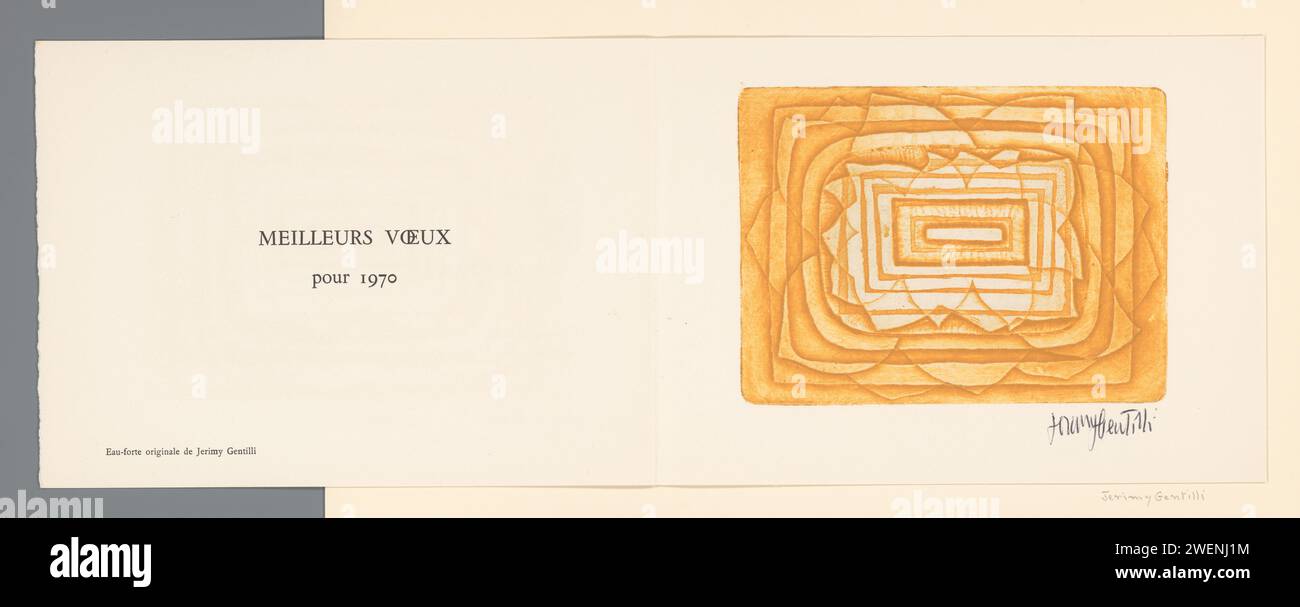 New Year's wish for 1970 from Uitgeverij Antarès, Jeremy Gentilli, 1969 print First the publishing brand of Antarès (a scorpion that crawls to a star), with the address of the sender. Inside a colorful abstract composition with the text: 'Meilleurs voeux pour 1970'.  paper letterpress printing Abstract, Non-representational Art Stock Photo