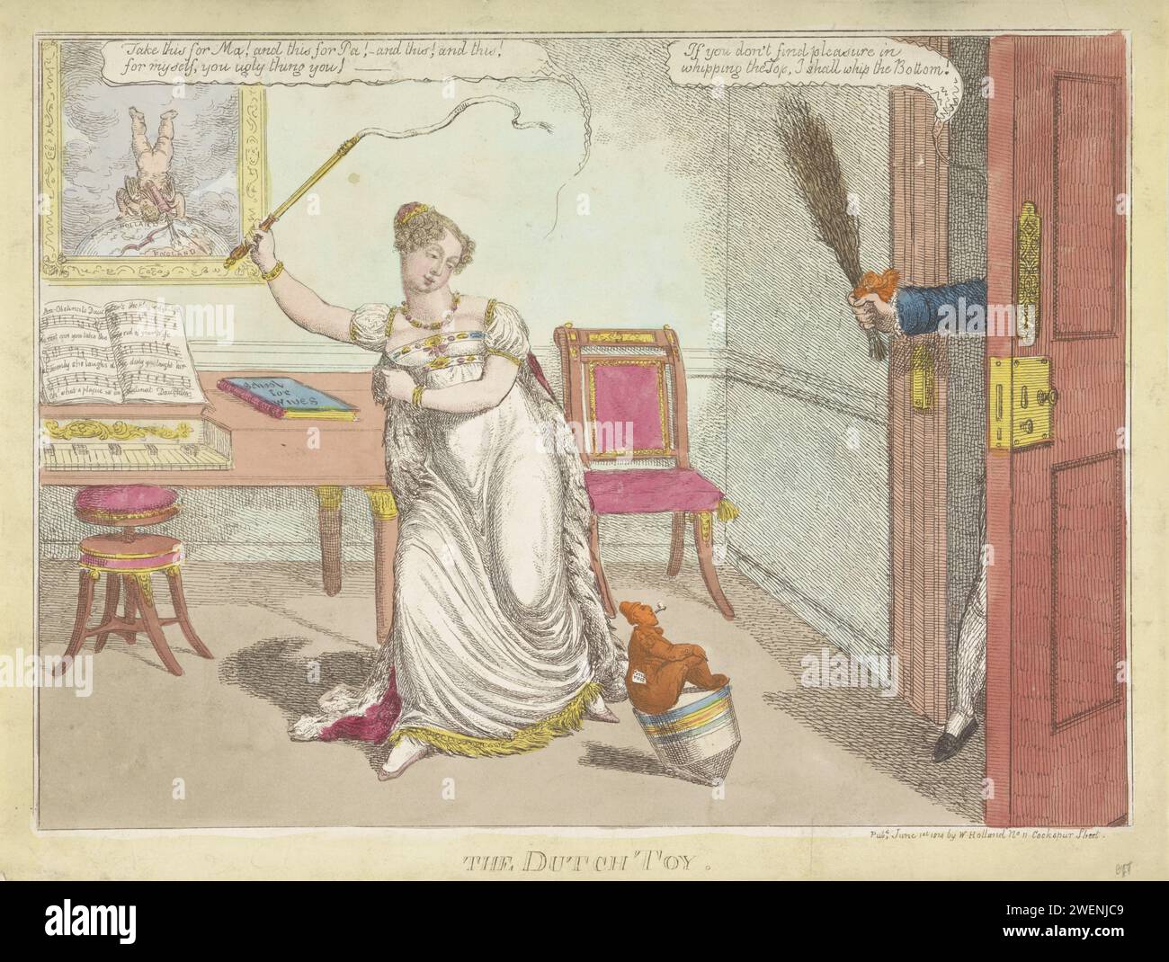 De Hollandse Tol, 1814, Charles Williams, 1814 print Cartoon on Willem Frederik George Lodewijk, Prince of Oranje-Nassau (later King Willem II), presented as a small figure sitting on top of a toll by the English princess Charlotte with a whip. A figure coming through the door on the right, the princess provides a branch forest to hit. Room interior with a piano on the left and above it a painting by Cupido that is upside down on top of the globe. Charlotte would break her engagement with the Prince of Orange on 16 June 1814.  paper etching unsuccessful love affair; seduction. whipping a top Stock Photo