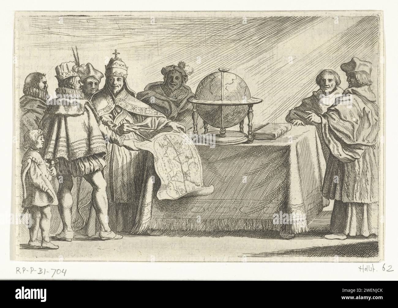 Columbus at the Pope, Willem Basse, 1632 - 1634 print Christoffel Columbus and the Pope consult at the map of the world, at a table on which a globe. Other scholars are also present, approx. 1500. Printed on the back with text in Dutch.  paper etching / engraving Stock Photo