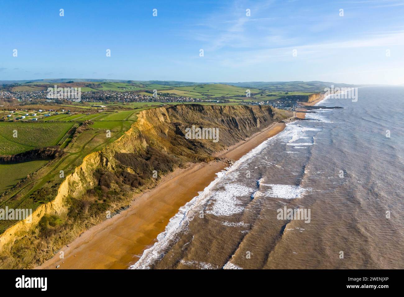 Eype, Dorset, UK. 26th January 2024. UK Weather. Aerial view looking