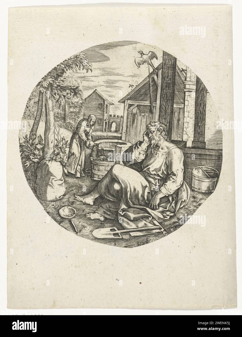 Tobit with blindness, anonymous, after Chrispijn van den Broeck, 1570 - 1580 print Tobit is sleeping against the wall of his house. A bird flies above his head and the bird droppings falls on his eyes. There are a spa and nap next to him. His wife Sara is working on the second plan. .  paper engraving a bird dropping falls in Tobit's eyes Stock Photo