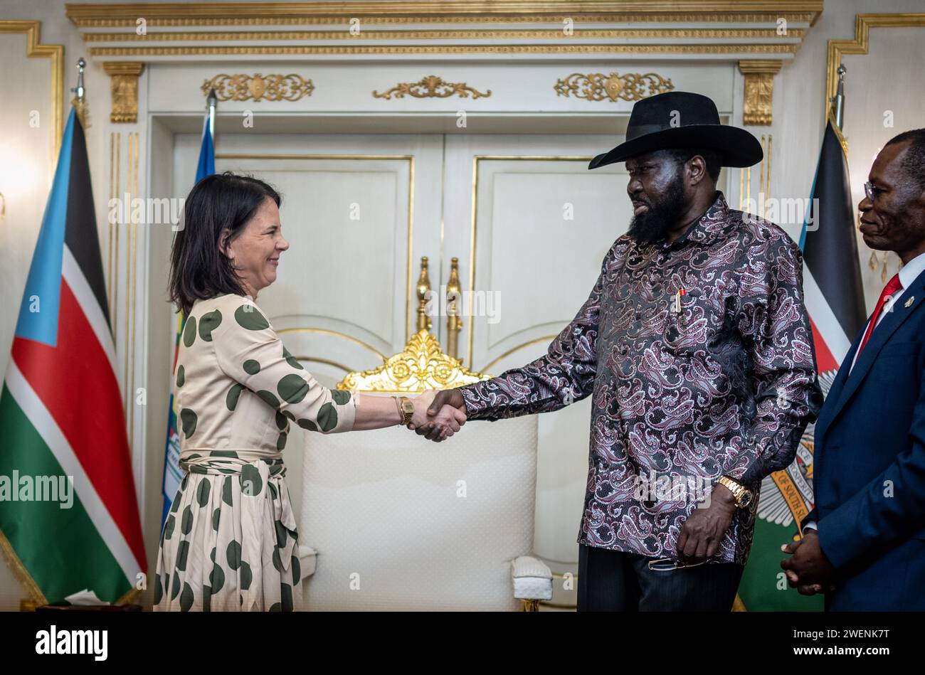 Juba, South Sudan. 26th Jan, 2024. Annalena Baerbock (Bündnis90/Die Grünen), Foreign Minister, meets Salva Kiir Mayardit, President of South Sudan, for talks. Credit: Michael Kappeler/dpa/Alamy Live News Stock Photo