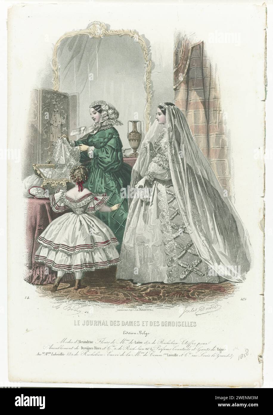 The Journal des Dames et des Demoiselles, 1858, 1.4, No. 525: Belgian Edition, Modes (...), 1858  A bride, wife and girl around a 'Corbeille de Mariage' or bridal basket. Left: 'toilette' suitable for a girl from eight to ten years old. Klapon of 'Tarlatane', decorated with 'Petits Velours'. Body decorated with Berthe and Lace. Midden: 'Toilette de Ville'. Taf side dress, decorated with cords and brushes of silk and chenille. 'Chapeau Marie-Stuart' from Witte Crepe, decorated with blonde (bobbin) and feathers, taf side. Right: 'Toilette de Mariée'. Wedding gown from 'Moire Antique', decorated Stock Photo