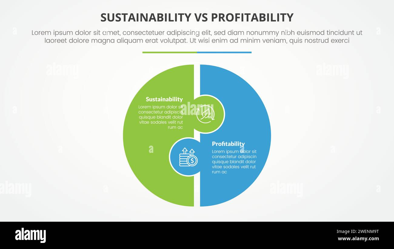sustainability versus profitability comparison opposite infographic concept for slide presentation with big circle puzzle shape with flat style vector Stock Photo