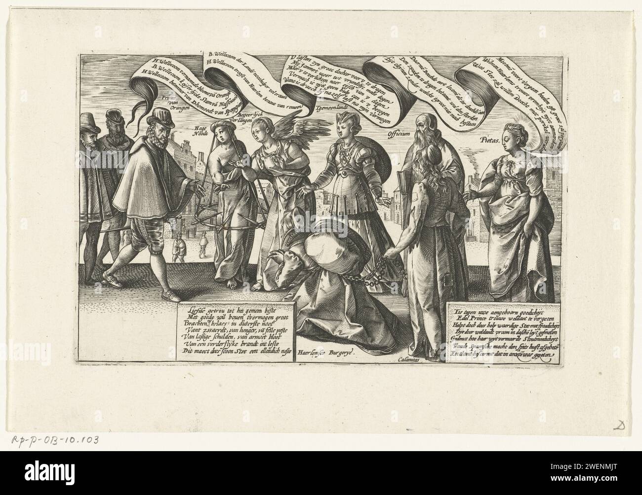 Haarlem Burgerij asks Willem van Oranje for help, 1578 - 1580 print Allegorical performance in which the bourgeoisie of Haarlem begs the Prince of Orange for help, ca. 1577-1579. The prince is approached by the personifications of Haarlem bourgeoisie kneeled on the basis of disaster (Calamitas). Upstairs to right high need, desirable desire, public interest (tgemelandt), board (officium) and piety (Pietas). In the show a banderole and cartouches with text as speech bubbles spoken by the characters. In the text of Haarlem's bourgeoisie, reference is made to 'a further flying burnt int leste', t Stock Photo
