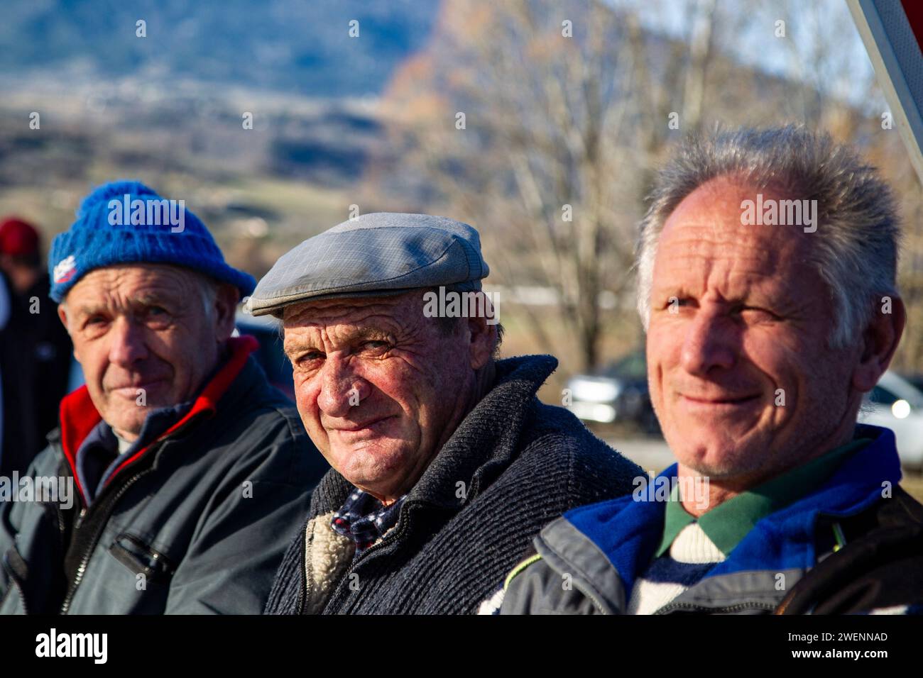 The farmers of the Hautes-Alpes block the A51 and the departmental road, they make a fire on the Saulce roundabout, here three farmers, France, Hautes-Alpes, Saulce, on January 25, 2024. Farmers in the Hautes-Alpes are expressing their discontent. This operation is part of the national protest movement of farmers who denounce the increase in charges, the delay in payment of CAP (common agricultural policy) aid and compensation after Avian Influenza, over-administration, excessive standards or even non-compliance with a remunerative price, Photo by Thibaut Durand /ABACAPRESS.COM Stock Photo