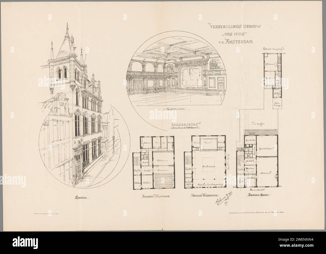 Views and floor plans of Association Building Ons Huis, Wegner & Mottu, 1896 print   paper  façade (of house or building). interior of the house. maps, atlases Amsterdam Stock Photo