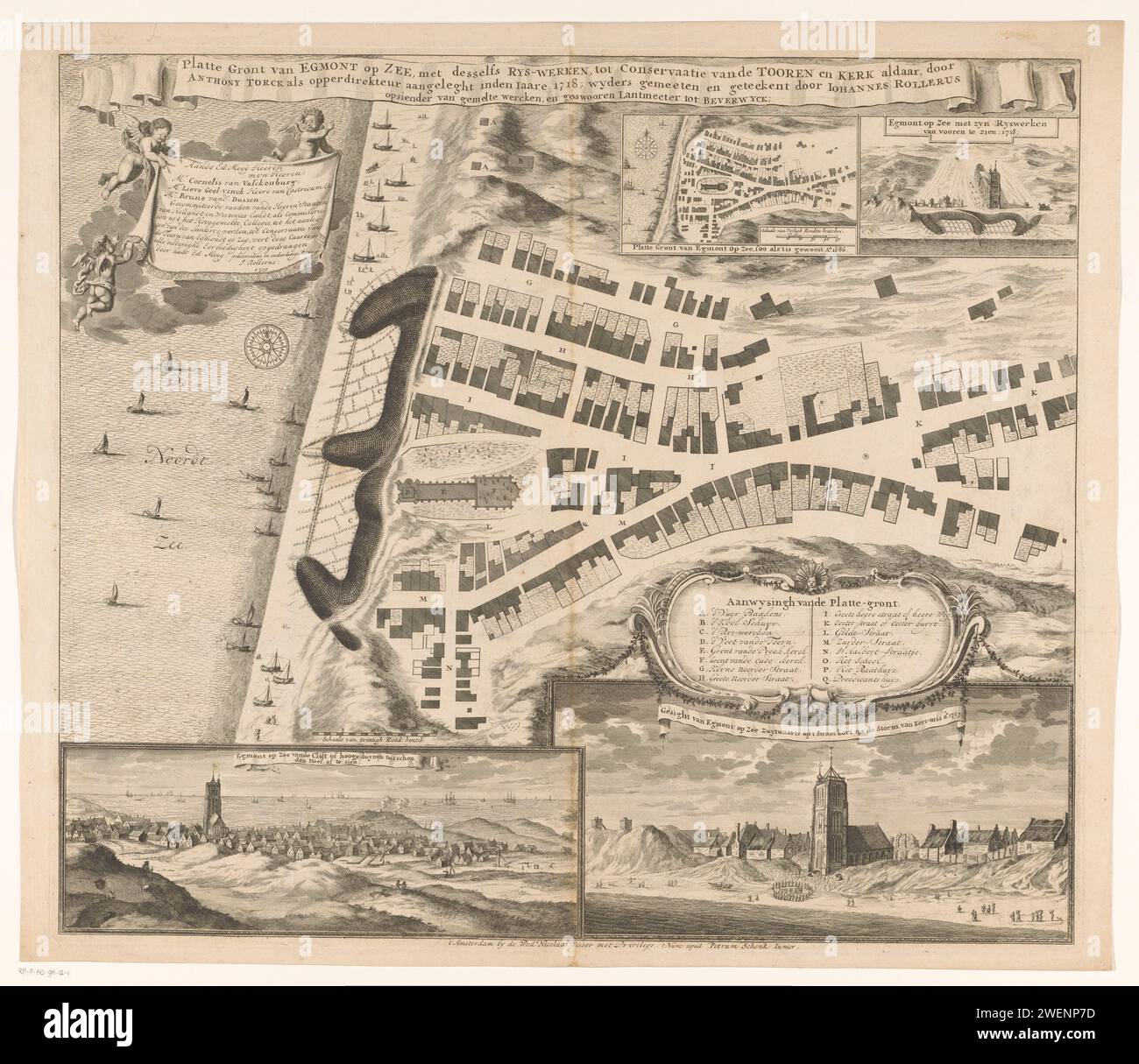 Map of Egmond aan Zee with protection works, 1718, Anonymous, After
